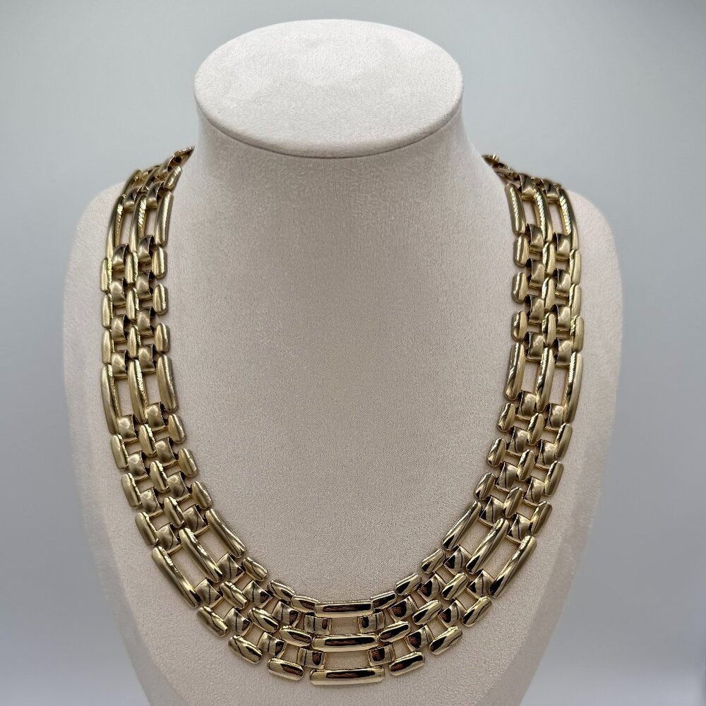 Vintage Wide Gold Tone Triple Link Collar Choker Necklace | Retro Statement 18"